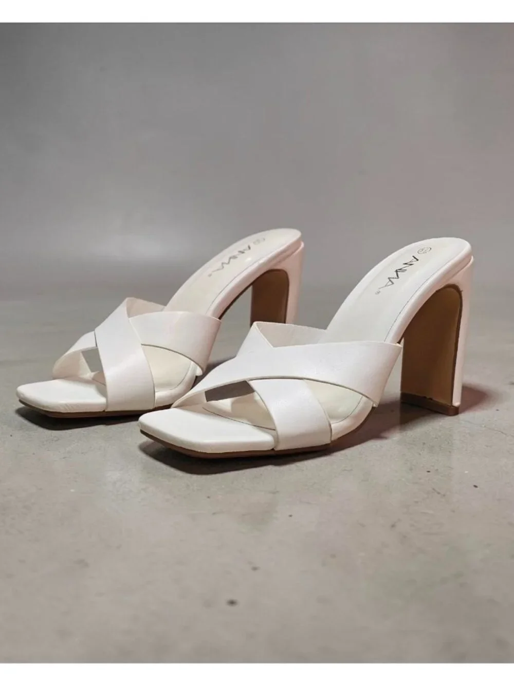 White Open-Toe Heeled Sandals With Cross-Strap Design & Square Toe By Anna - Picture 11 of 12